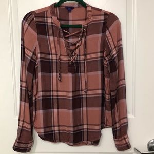 Blush Pink Cross Tie V-Neck Flannel
